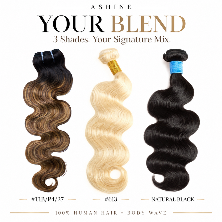 [Ashine] Your Blend 3-Color Body Wave Human Hair Bundles, Mix & Match Highlights, Natural Black / T1B/P4/27 / 613