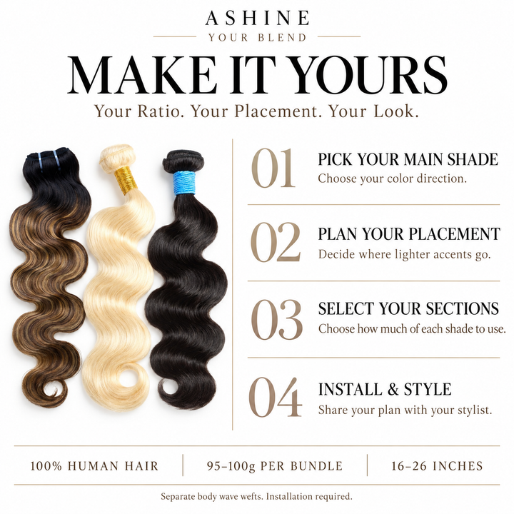 [Ashine] Your Blend 3-Color Body Wave Human Hair Bundles, Mix & Match Highlights, Natural Black / T1B/P4/27 / 613