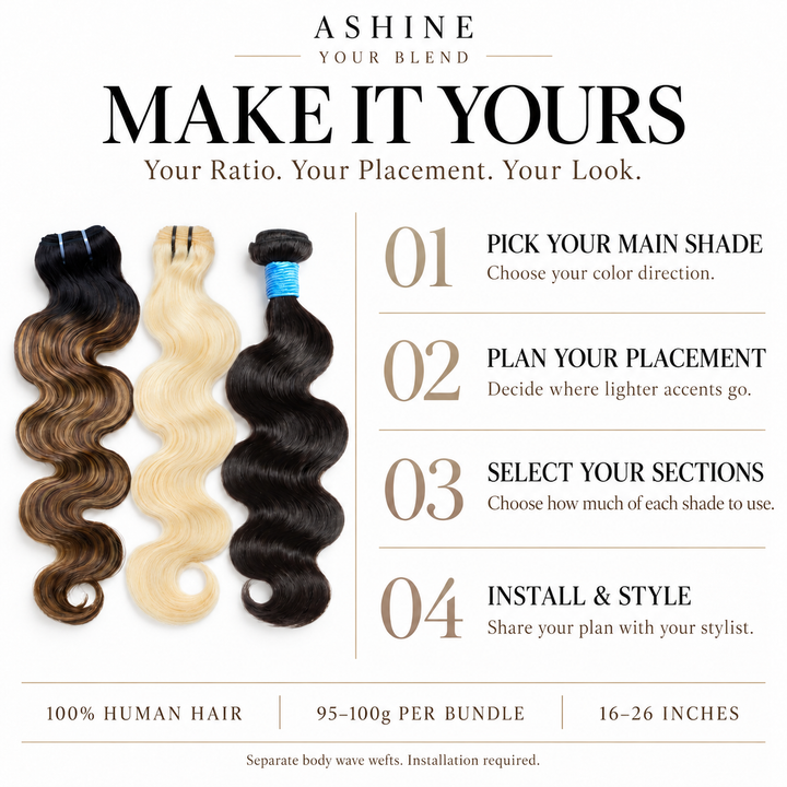  [Ashine]  Extensions de cheveux humains Body Wave 3 couleurs Your Blend, mèches mélangées et assorties, noir naturel / T1B/P4/27/613
