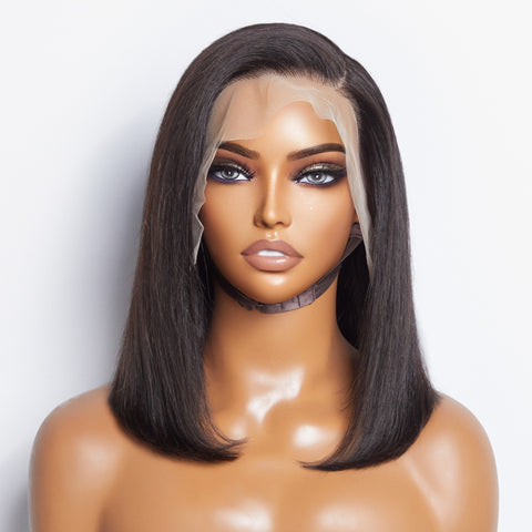 Ashine 12 Inches 13x4 #1B Straight Lifting Bang Side Part Lace Frontal Wig-100% Human Hair