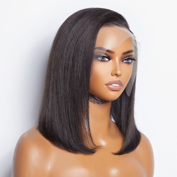 Ashine 12 Inches 13x4 #1B Straight Lifting Bang Side Part Lace Frontal Wig-100% Human Hair