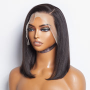 Ashine 12 Inches 13x4 #1B Straight Lifting Bang Side Part Lace Frontal Wig-100% Human Hair