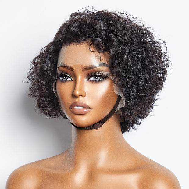 Ashine 8 inch Short Curly Pixie Cut 13"x4" Frontal Lace Wig Pre-Bleached Knots Brazilian Human Virgin Hair 150% Density