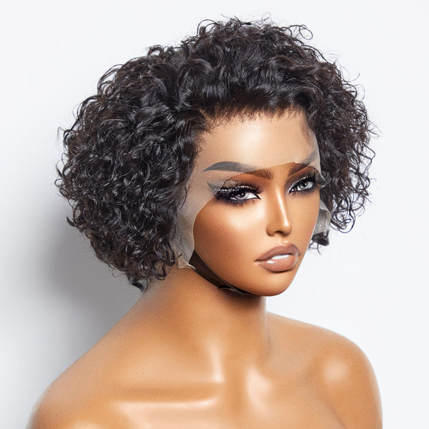 Ashine 8 inch Short Curly Pixie Cut 13"x4" Frontal Lace Wig Pre-Bleached Knots Brazilian Human Virgin Hair 150% Density