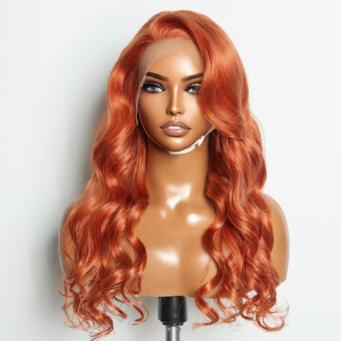 Ashine 24 Inches Ginger 13"x4" Lace Front Body Wavy Wig Pre-Plucked Free Part 150% Density-100% Human Hair