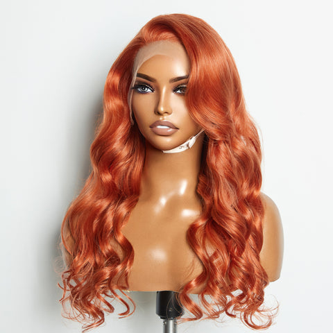 Ashine 24 Inches Ginger 13"x4" Lace Front Body Wavy Wig Pre-Plucked Free Part 150% Density-100% Human Hair