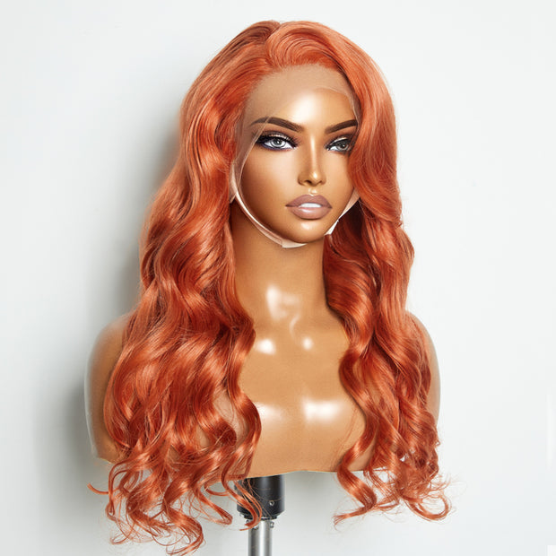 Ashine 24 Inches Ginger 13"x4" Lace Front Body Wavy Wig Pre-Plucked Free Part 150% Density-100% Human Hair