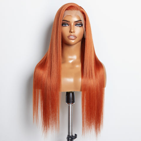 Ashine 24 Inches Ginger 13"x4" Lace Front Straight Wig Pre-Plucked Free Part 150% Density-100% Human Hair