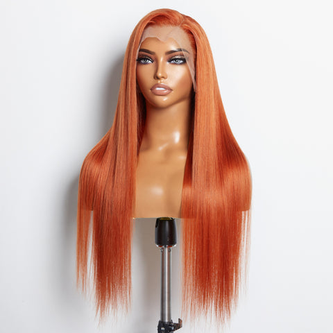 Ashine 24 Inches Ginger 13"x4" Lace Front Straight Wig Pre-Plucked Free Part 150% Density-100% Human Hair