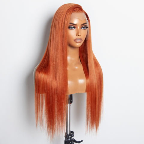 Ashine 24 Inches Ginger 13"x4" Lace Front Straight Wig Pre-Plucked Free Part 150% Density-100% Human Hair