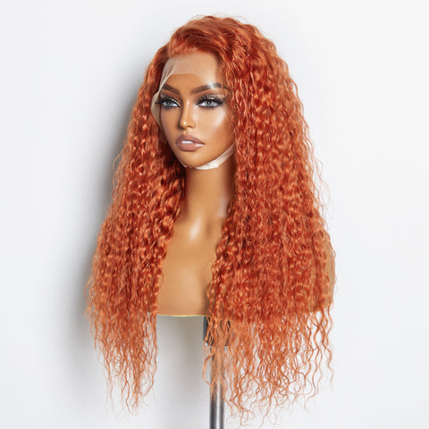 Ashine 24 Inches Ginger 13"x4" Lace Front Water Wavy Wig Pre-Plucked Free Part 150% Density-100% Human Hair