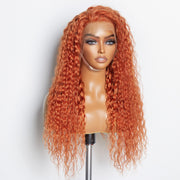 Ashine 24 Inches Ginger 13"x4" Lace Front Water Wavy Wig Pre-Plucked Free Part 150% Density-100% Human Hair