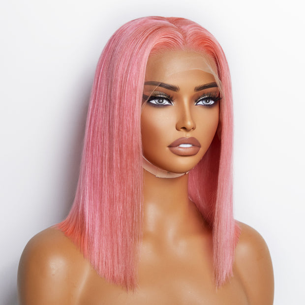 Ashine 12 Inches Pre-Plucked 13"x4" #Pink Straight Bob Lace Frontal Wig 150% Density-100% Human Hair