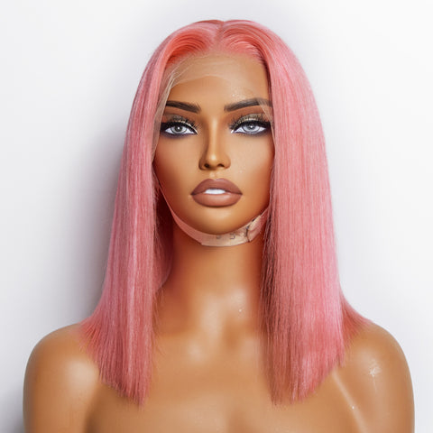 Ashine 12 Inches Pre-Plucked 13"x4" #Pink Straight Bob Lace Frontal Wig 150% Density-100% Human Hair