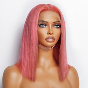 Ashine 12 Inches Pre-Plucked 13"x4" #Pink Straight Bob Lace Frontal Wig 150% Density-100% Human Hair