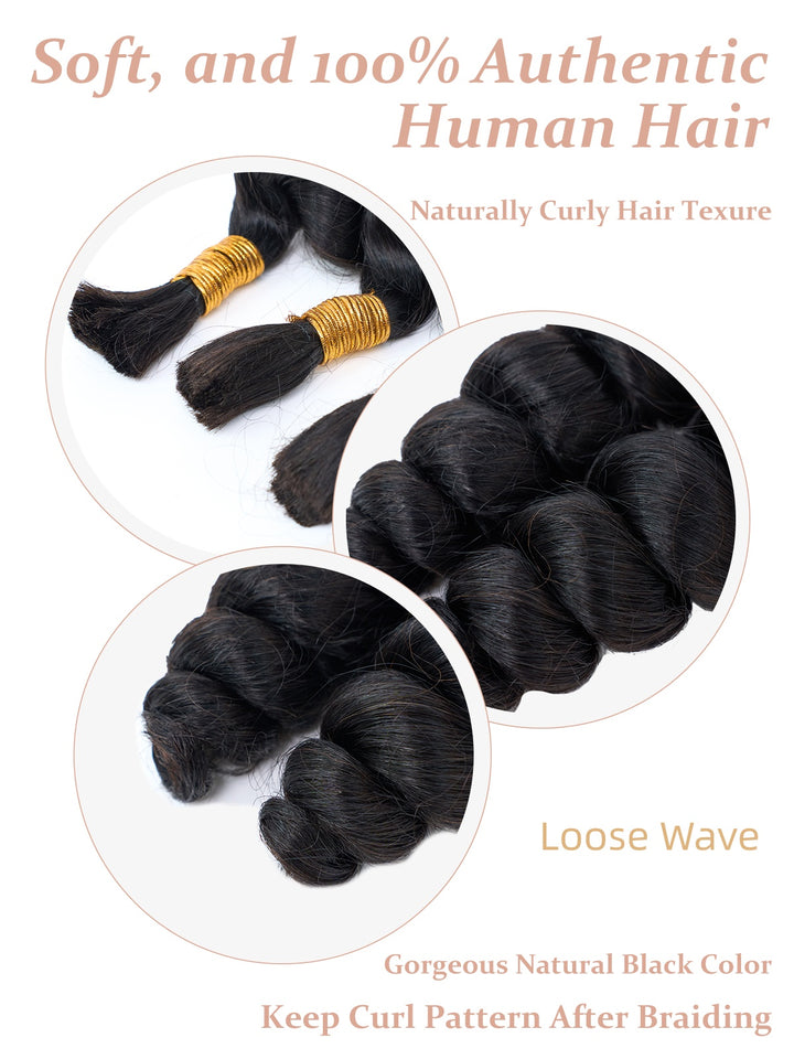[Ashine]  Human Braiding Hair Bundle Bulk Human Hair 100g Extensions for Boho Braids #1B Natural Black