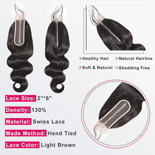 [Ashine] Upgrade Free Parted Lace 2x6 4x4 5x5 Closure #1B 100% Human Hair