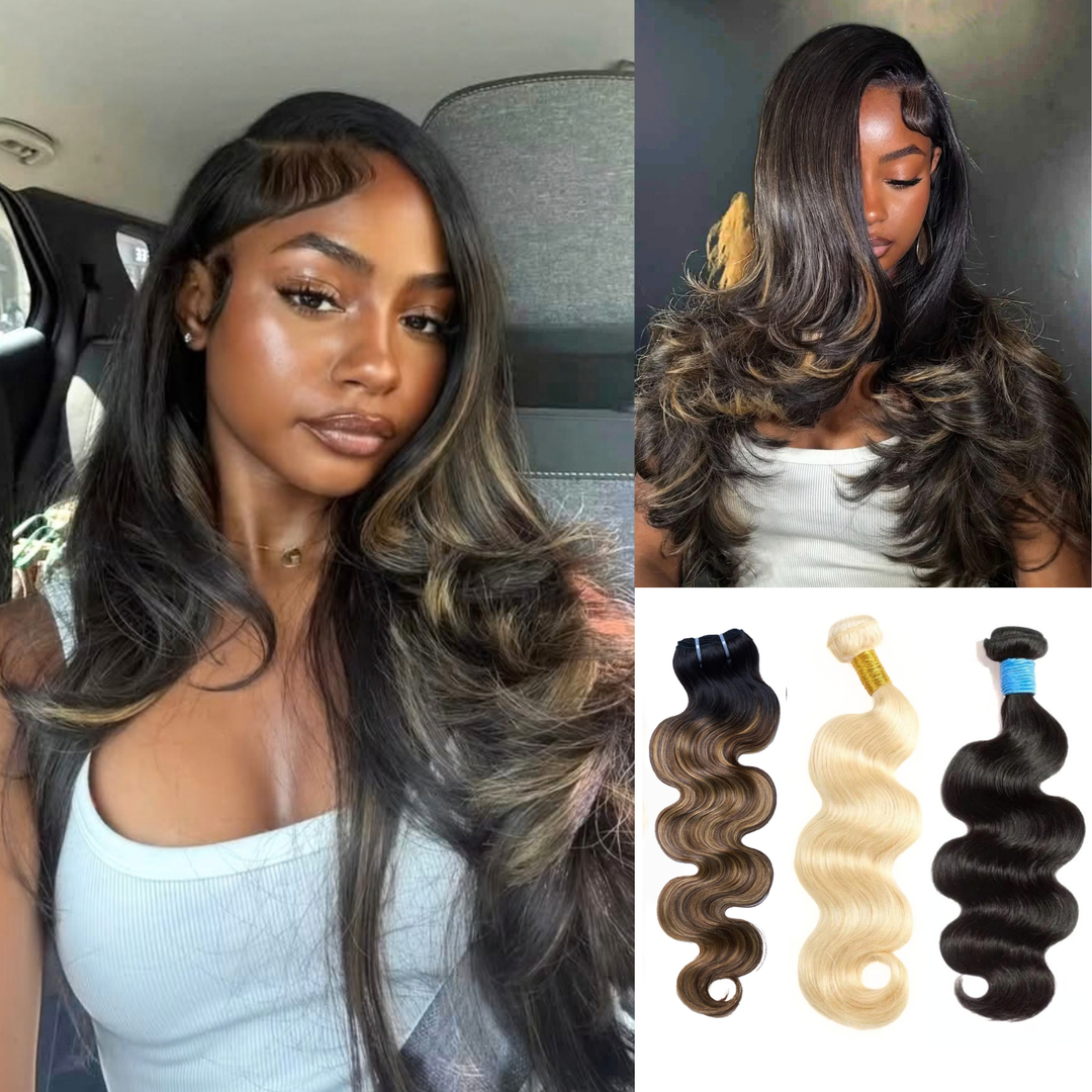 [Ashine] Your Blend 3-Color Body Wave Human Hair Bundles, Mix & Match Highlights, Natural Black / T1B/P4/27 / 613