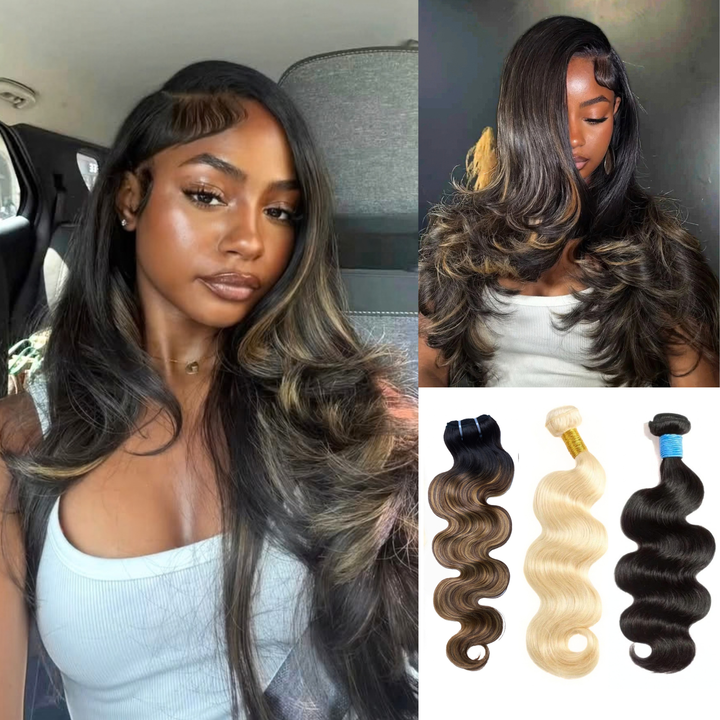 [Ashine] Your Blend 3-Color Body Wave Human Hair Bundles, Mix & Match Highlights, Natural Black / T1B/P4/27 / 613