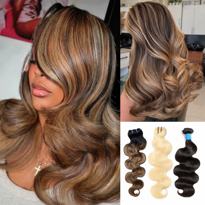  [Ashine]  Extensions de cheveux humains Body Wave 3 couleurs Your Blend, mèches mélangées et assorties, noir naturel / T1B/P4/27/613