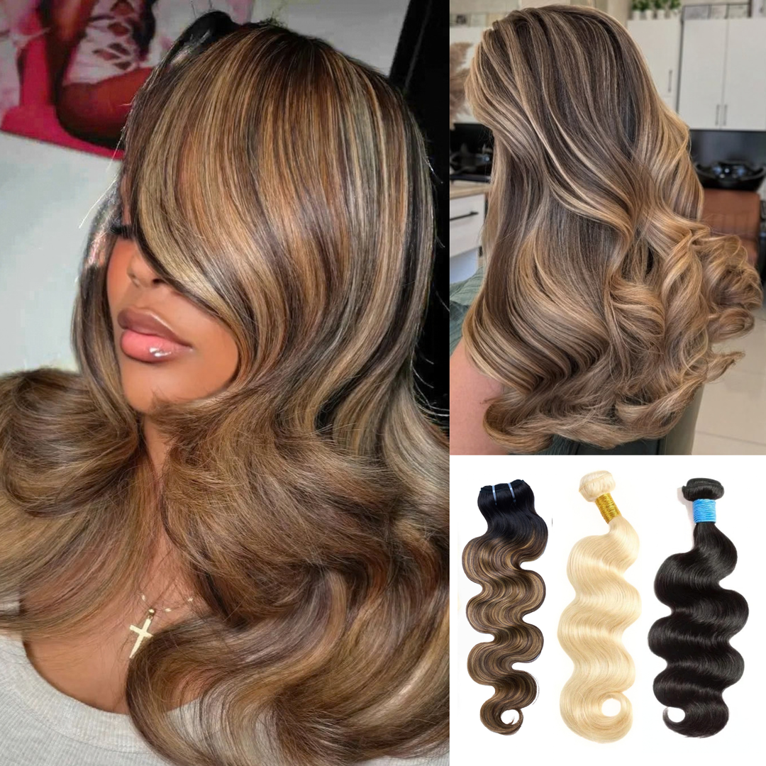 [Ashine] Your Blend 3-Color Body Wave Human Hair Bundles, Mix & Match Highlights, Natural Black / T1B/P4/27 / 613