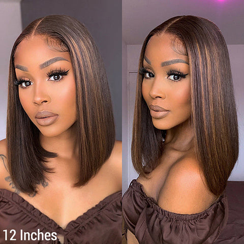 Ashine 12 Inch Chestnut Brown Highlights Straight 4x4 Closure Bob Wig 150% Density