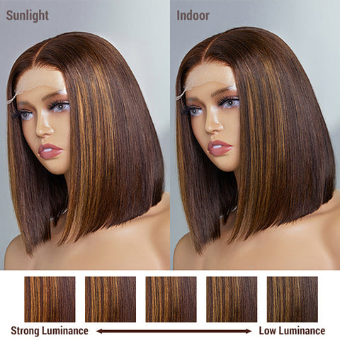 Ashine 12 Inch Chestnut Brown Highlights Straight 4x4 Closure Bob Wig 150% Density