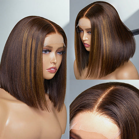 Ashine 12 Inch Chestnut Brown Highlights Straight 4x4 Closure Bob Wig 150% Density