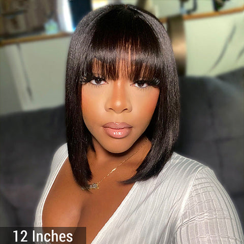 Ashine 12 Inch Realistic Yaki Straight Bob With Bangs 2x1 Minimalist Lace Wig 150% Density