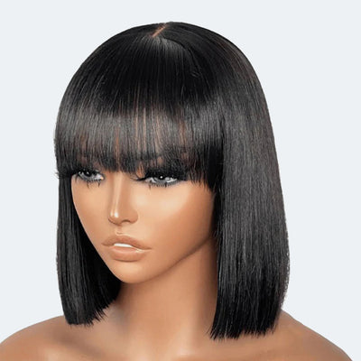 Ashine 12 Inch Realistic Yaki Straight Bob With Bangs 2x1 Minimalist Lace Wig 150% Density