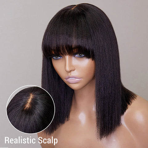 Ashine 12 Inch Realistic Yaki Straight Bob With Bangs 2x1 Minimalist Lace Wig 150% Density