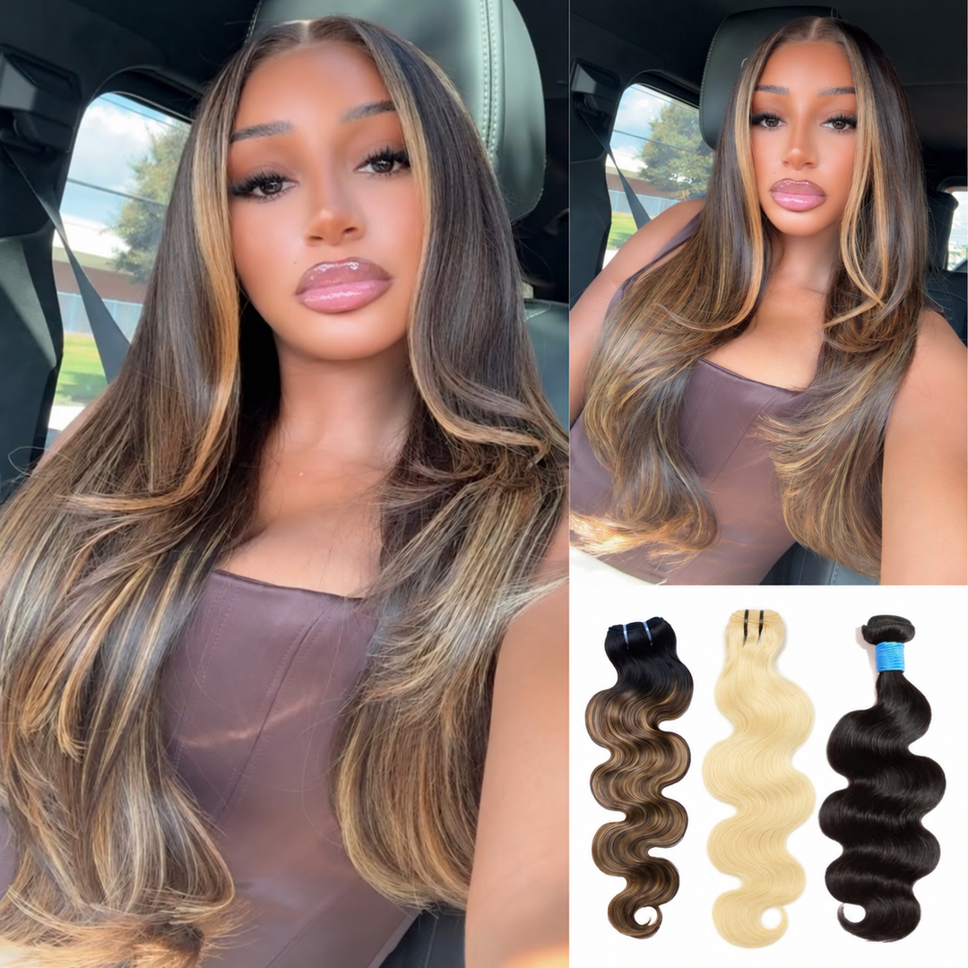  [Ashine]  Extensions de cheveux humains Body Wave 3 couleurs Your Blend, mèches mélangées et assorties, noir naturel / T1B/P4/27/613
