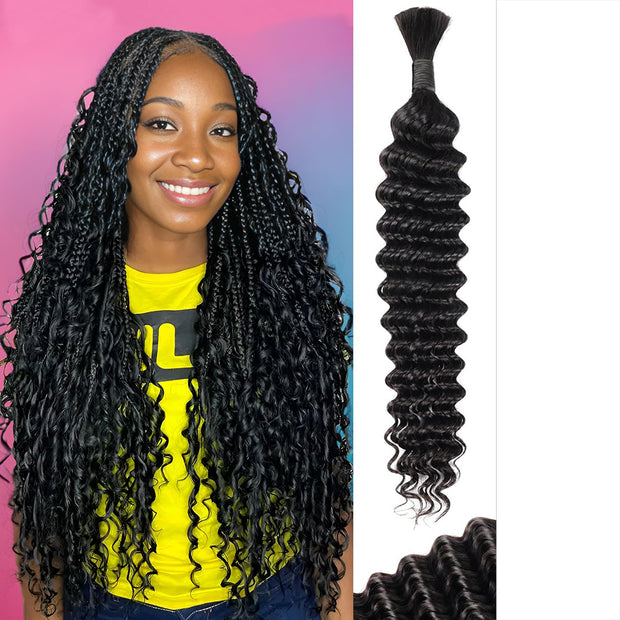 Human Braiding Hair Bundle Deep Wave Bulk Human Hair for Braiding No Weft 10A Brazilian Virgin Human Hair Extensions for Boho Braids Wet and Wavy Human Hair Braiding Hair