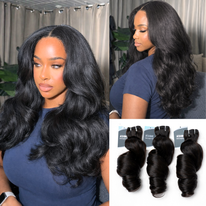 [Ashine] Premium Yaki Loose Bundles 18-22 Inch 100% Virgin Remy Human Hair Natural Blowout Texture Seamless Blend Soft & Luxury Finish