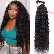 [Ashine] Water Wave Bundles Human Hair 10A Brazilian Virgin Curly Human Hair Bundles Double Weft Bundles Natural Black Color Wet and Wavy Hair Extensions