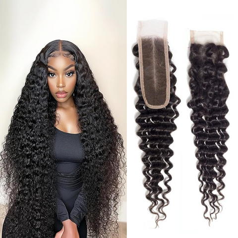 [Ashine] Upgrade Free Parted Lace Deep Wave 2x6 4x4 5x5 Closure #1B Natural Black 100% Human Hair Pre Plucked Pre Bleached Pre Cut