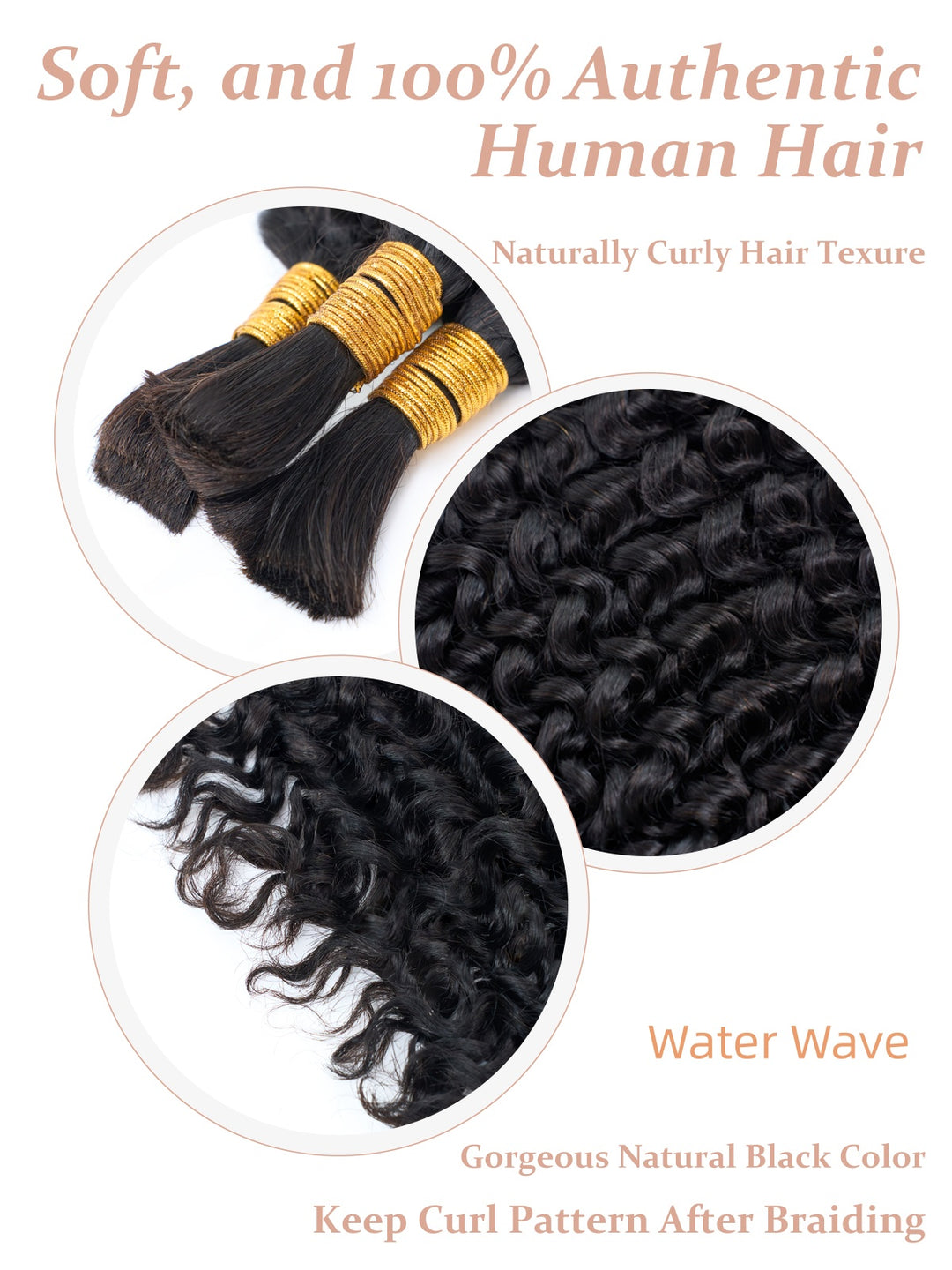 [Ashine] Water Wave Braiding Hair Bundle Bulk Human Hair 100g Extensions for Boho Braids #1B Natural Black