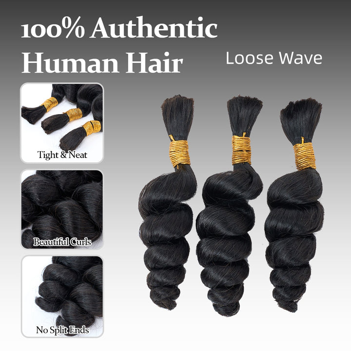 [Ashine]  Human Braiding Hair Bundle Bulk Human Hair 100g Extensions for Boho Braids #1B Natural Black