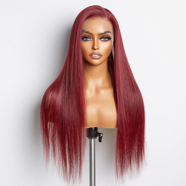 Ashine 24 Inches Burgundy 13"X4" Lace Front Straight Wig Pre-Plucked Free Part 150% Density-100% Human Hair