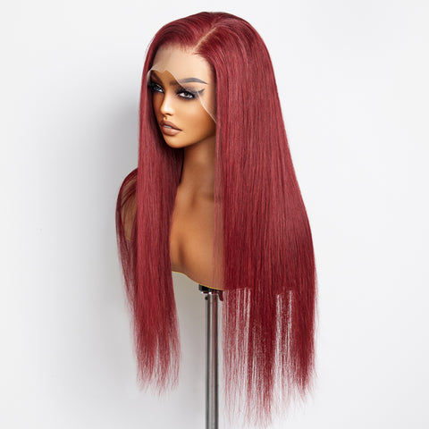 Ashine 24 Inches Burgundy 13"X4" Lace Front Straight Wig Pre-Plucked Free Part 150% Density-100% Human Hair