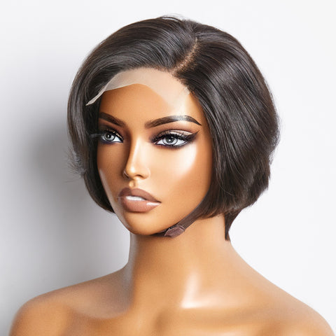 Ashine 8 Inches 4"x4" Natural Black Straight Bob Side Part Lace Closure Wig-100% Human Hair