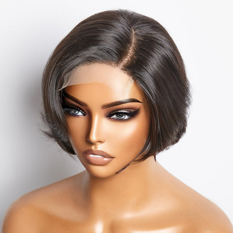 Ashine 8 Inches 4"x4" Natural Black Straight Bob Side Part Lace Closure Wig-100% Human Hair