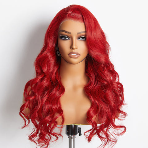 Ashine 24 Inches 13"x4" Body Wavy Wear & Go Glueless #Red Lace Frontal Wig-100% Human Hair