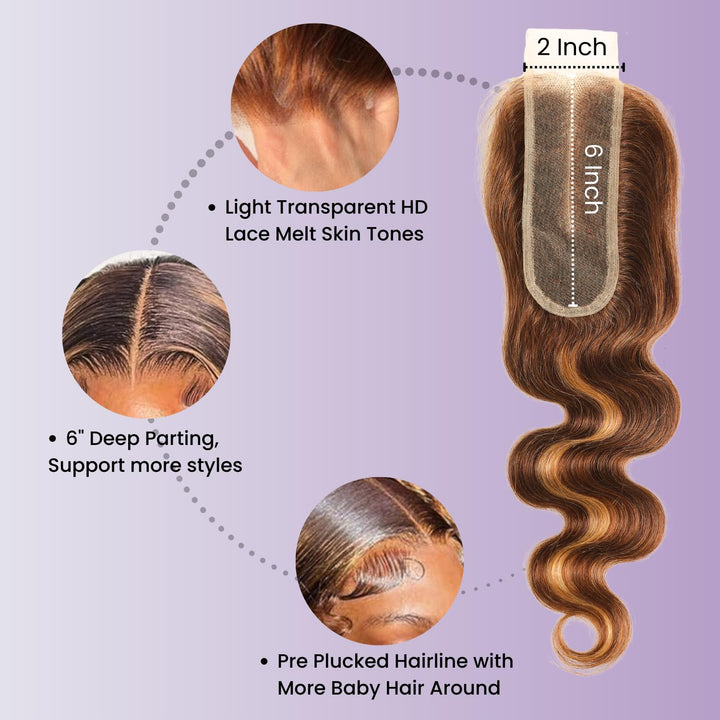 [Ashine] Free Parted Lace 2x6 Closure #4/27 100% Human Hair Body Wave