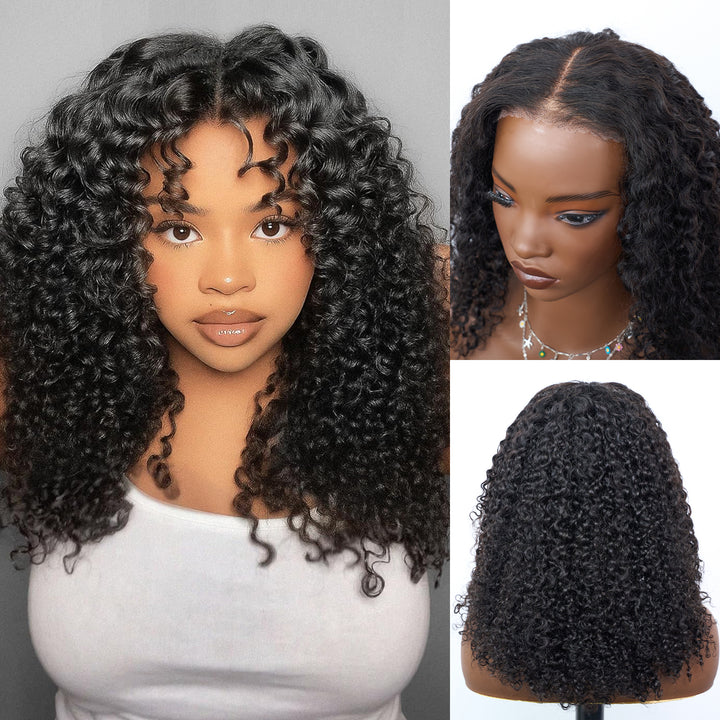 [Ashine] 16 Inch #1B Messy Curly 5*5 HD Front Lace Wig 150% Density Glueless Human Hair Seamless Blend Realistic Hairline