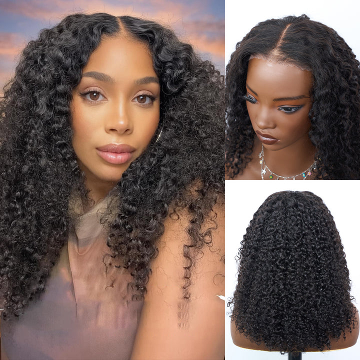 [Ashine] 16 Inch #1B Messy Curly 5*5 HD Front Lace Wig 150% Density Glueless Human Hair Seamless Blend Realistic Hairline