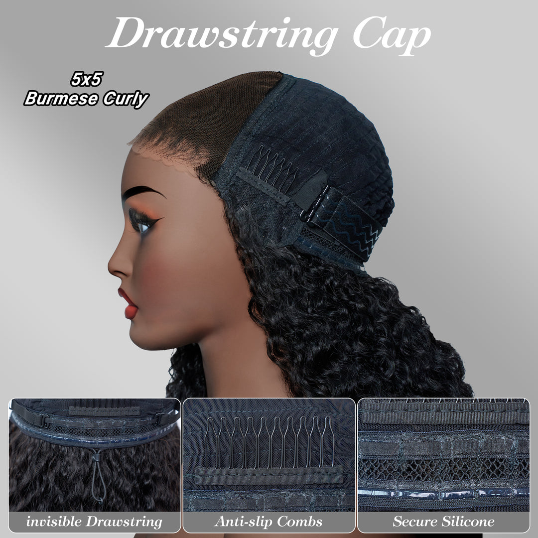 [Ashine] 5x5 Pre Cut HD Front Lace Wig 22-30 Inch #1B Burmese Curly Must-Have style Glueless Human Hair