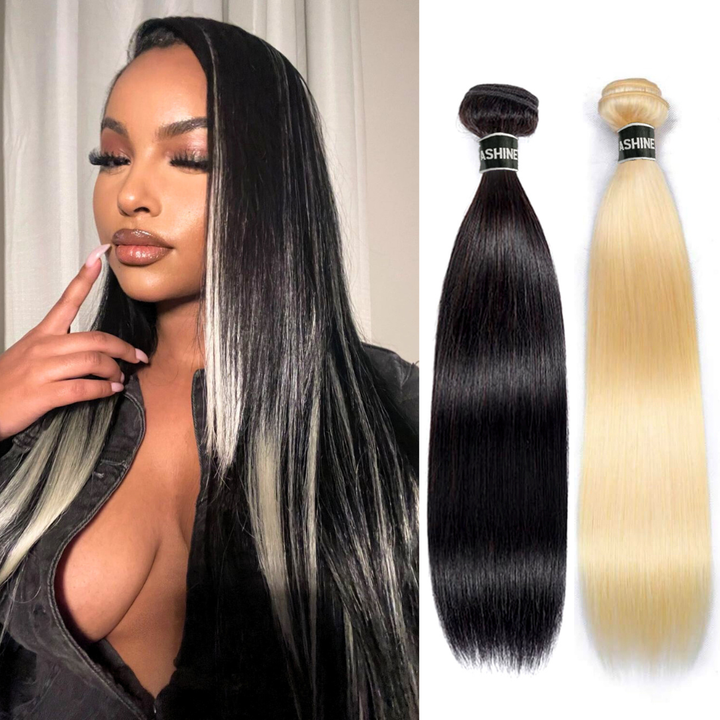 [Ashine] 1B/613 Blonde Bundles Straight Peekaboo Highlight Style 12A 100% Brazilian Virgin Human Hair