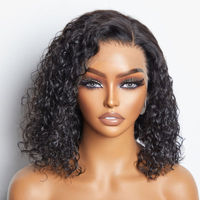 Ashine 12/14 Inches 13"x4" Natural Black Water Wavy Bob 3D Transparent Lace Frontal Wig-100% Human Hair