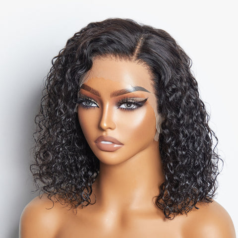 Ashine 12/14 Inches 13"x4" Natural Black Water Wavy Bob 3D Transparent Lace Frontal Wig-100% Human Hair